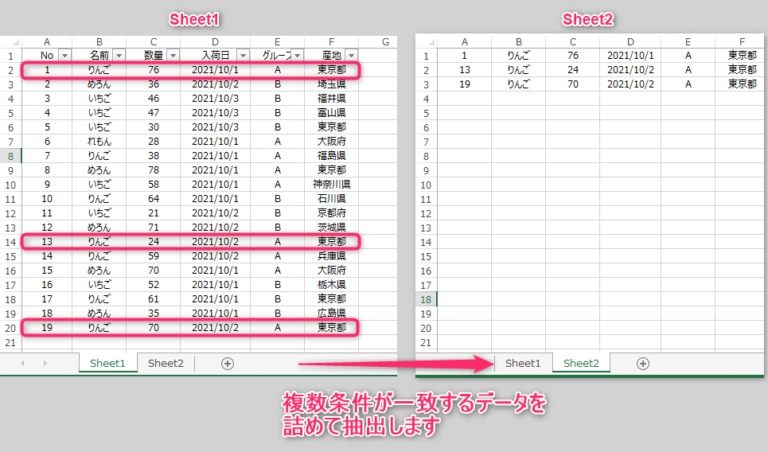 エクセルマクロ 複数条件が一致で別シート抽出 動画あり